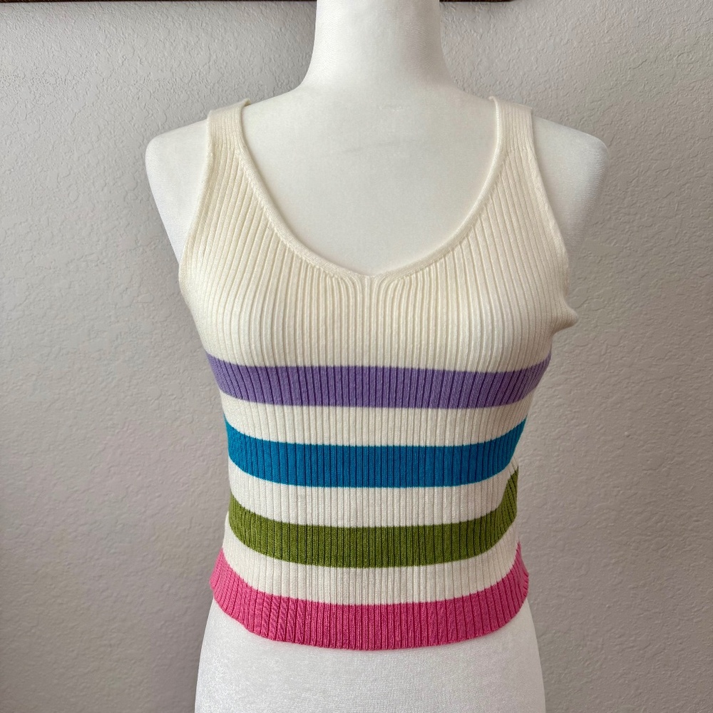 NWT Active USA Knit‎ Striped Tank Top Crop Women's Size L Fitted O